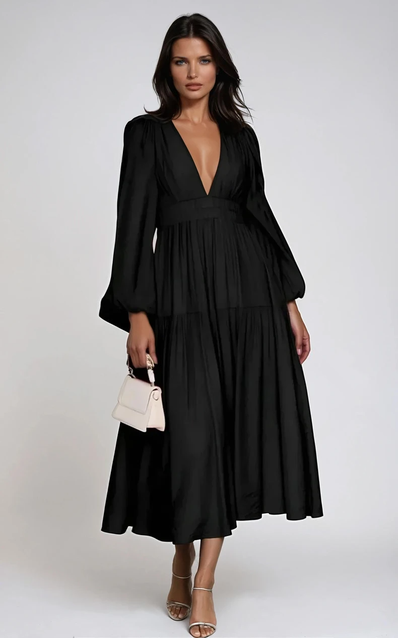 Luxe Balloon Sleeve Deep V-Neck Maxi Dress – Elegance Meets Modern Style