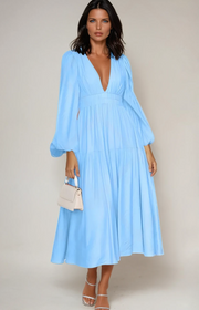 Luxe Balloon Sleeve Deep V-Neck Maxi Dress – Elegance Meets Modern Style