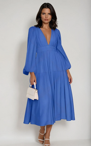 Luxe Balloon Sleeve Deep V-Neck Maxi Dress – Elegance Meets Modern Style