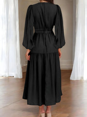Luxe Balloon Sleeve Deep V-Neck Maxi Dress – Elegance Meets Modern Style
