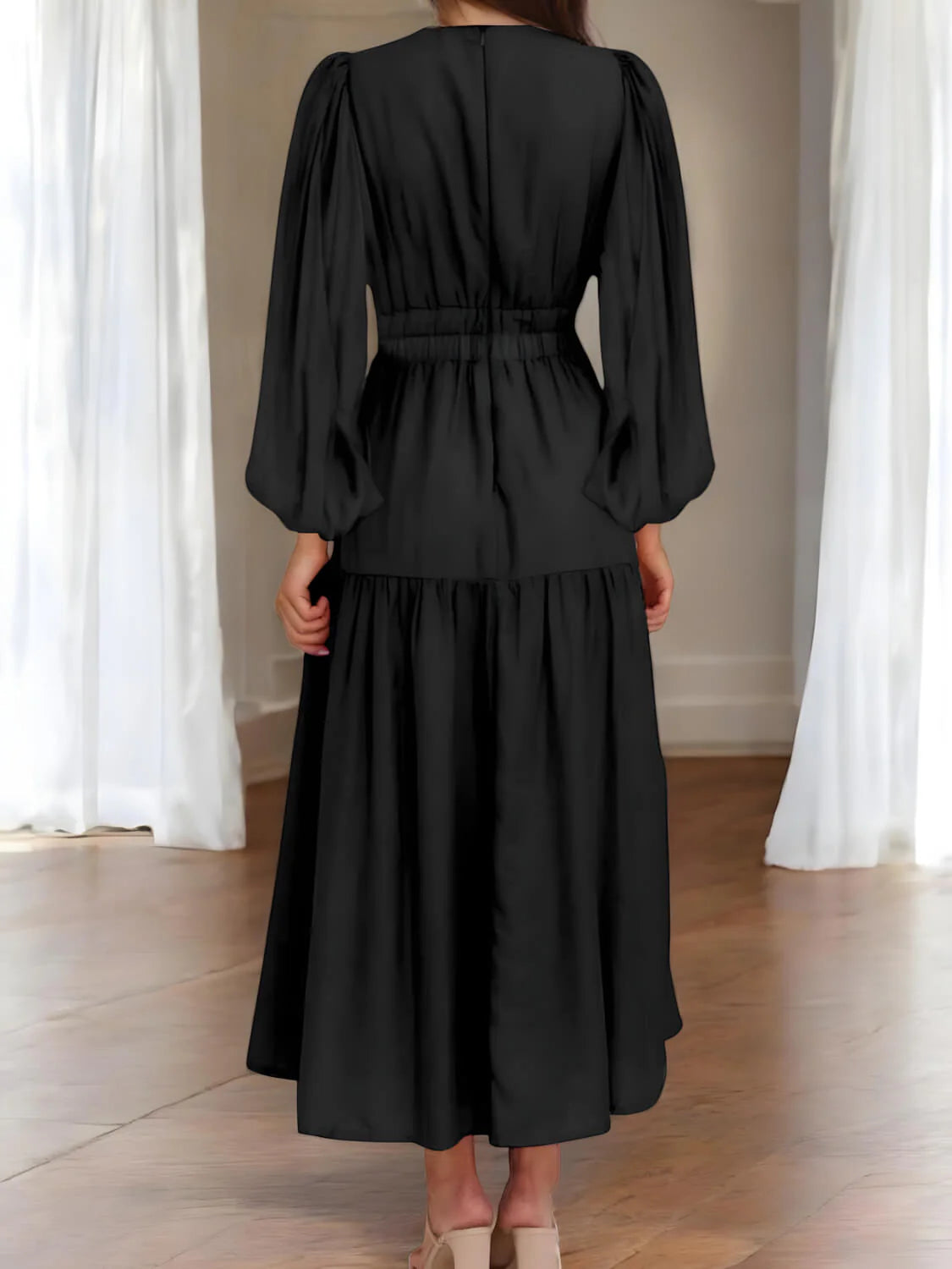 Luxe Balloon Sleeve Deep V-Neck Maxi Dress – Elegance Meets Modern Style