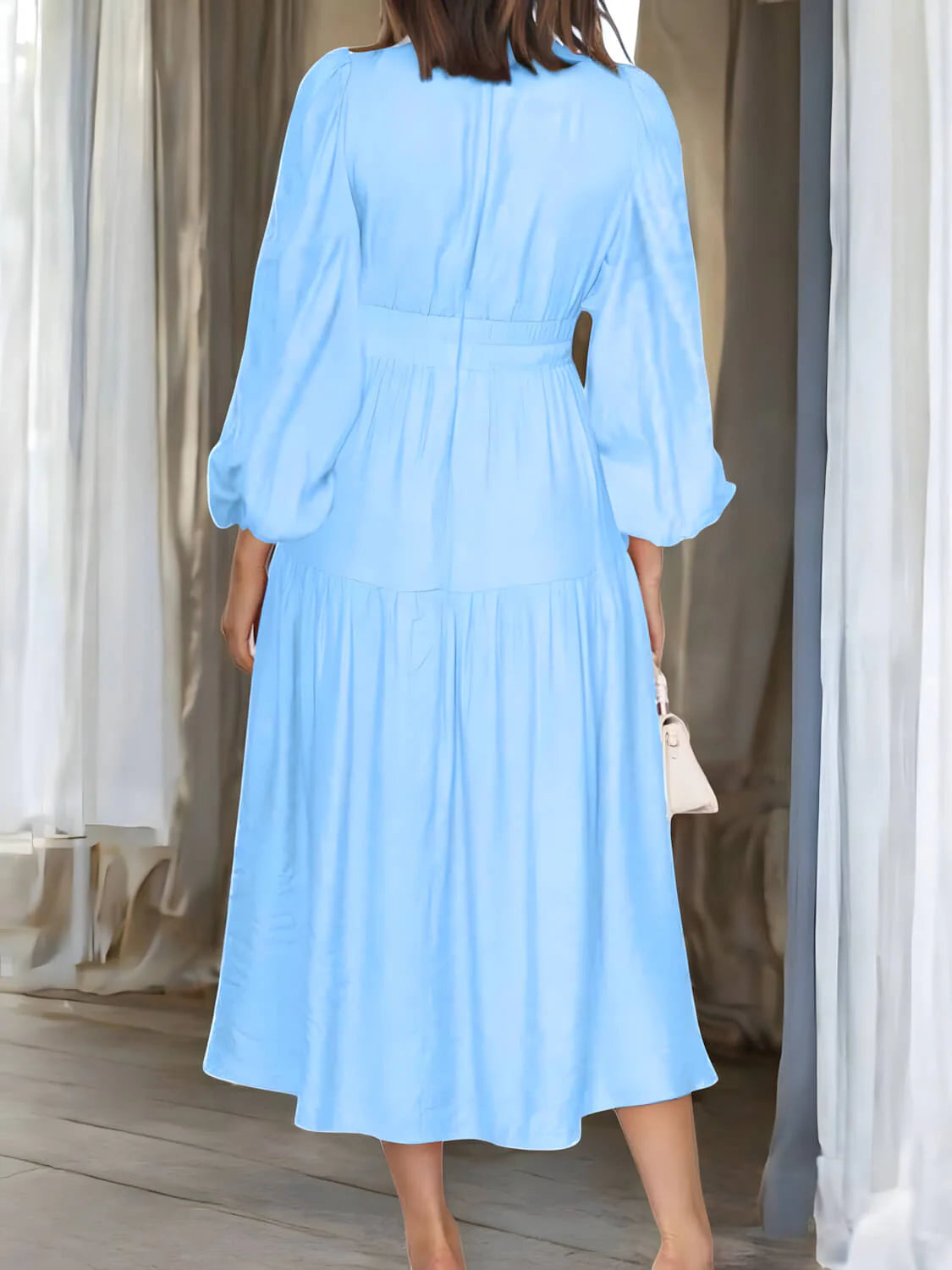 Luxe Balloon Sleeve Deep V-Neck Maxi Dress – Elegance Meets Modern Style