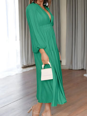 Luxe Balloon Sleeve Deep V-Neck Maxi Dress – Elegance Meets Modern Style