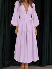 Luxe Balloon Sleeve Deep V-Neck Maxi Dress – Elegance Meets Modern Style