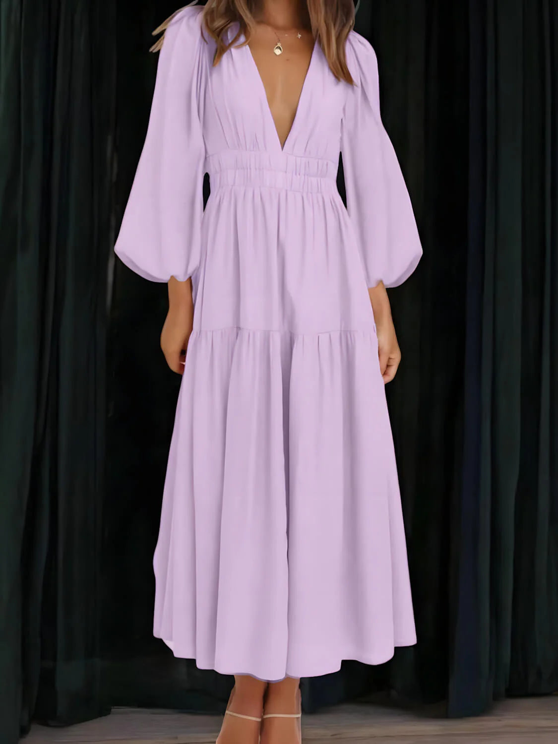 Luxe Balloon Sleeve Deep V-Neck Maxi Dress – Elegance Meets Modern Style