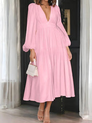 Luxe Balloon Sleeve Deep V-Neck Maxi Dress – Elegance Meets Modern Style