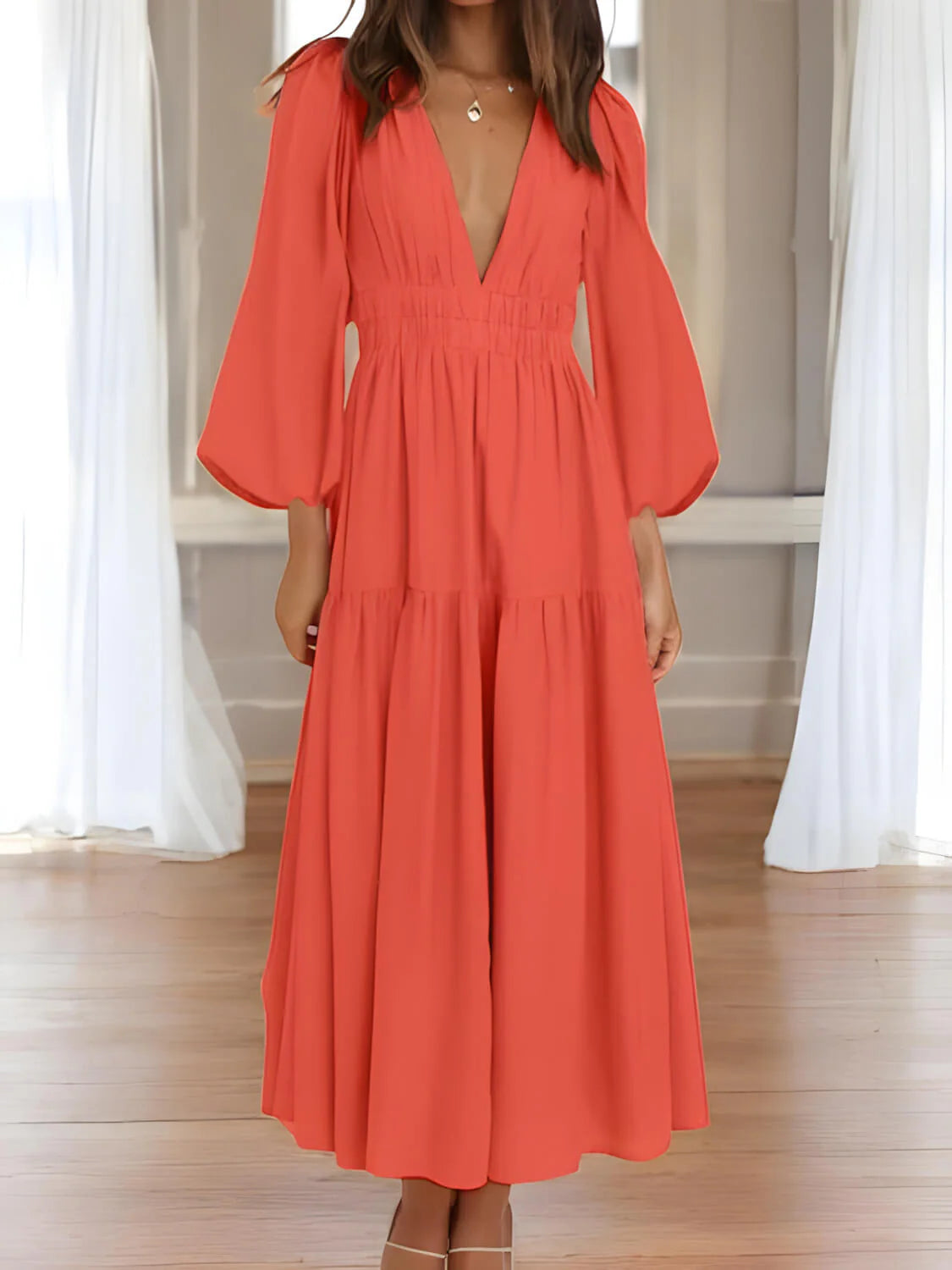 Luxe Balloon Sleeve Deep V-Neck Maxi Dress – Elegance Meets Modern Style