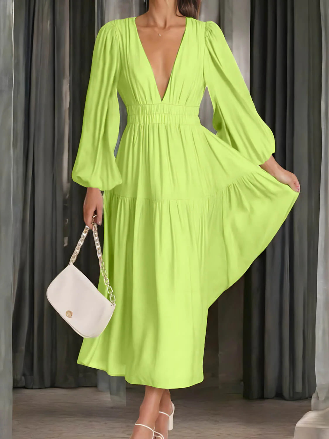 Luxe Balloon Sleeve Deep V-Neck Maxi Dress – Elegance Meets Modern Style