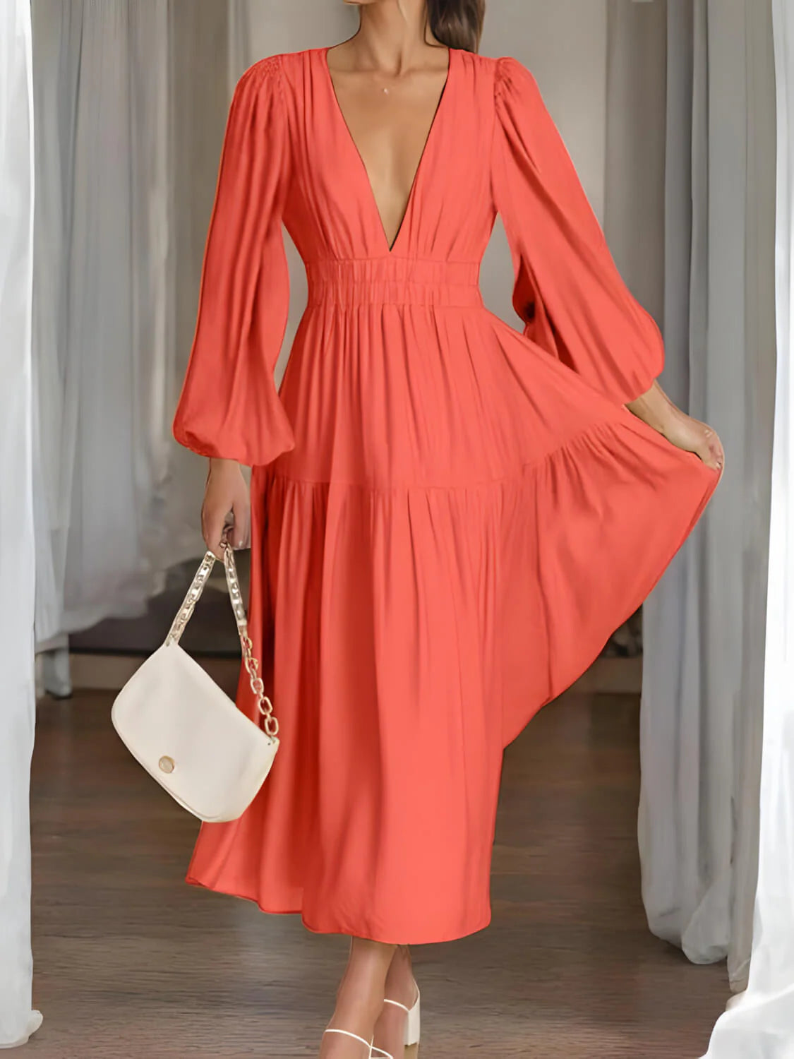 Luxe Balloon Sleeve Deep V-Neck Maxi Dress – Elegance Meets Modern Style