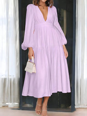 Luxe Balloon Sleeve Deep V-Neck Maxi Dress – Elegance Meets Modern Style