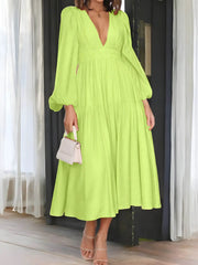 Luxe Balloon Sleeve Deep V-Neck Maxi Dress – Elegance Meets Modern Style