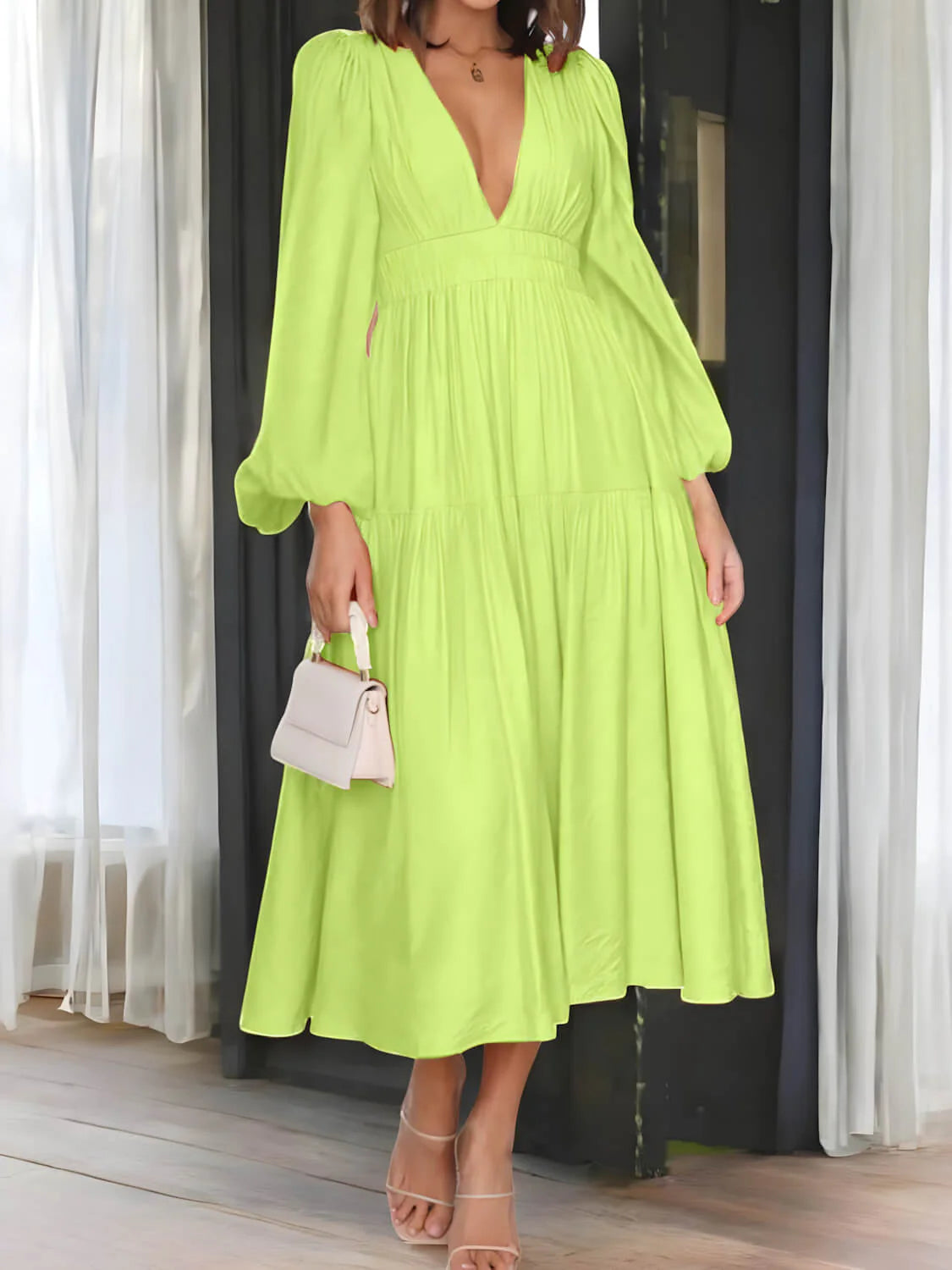 Luxe Balloon Sleeve Deep V-Neck Maxi Dress – Elegance Meets Modern Style