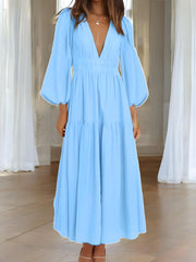 Luxe Balloon Sleeve Deep V-Neck Maxi Dress – Elegance Meets Modern Style