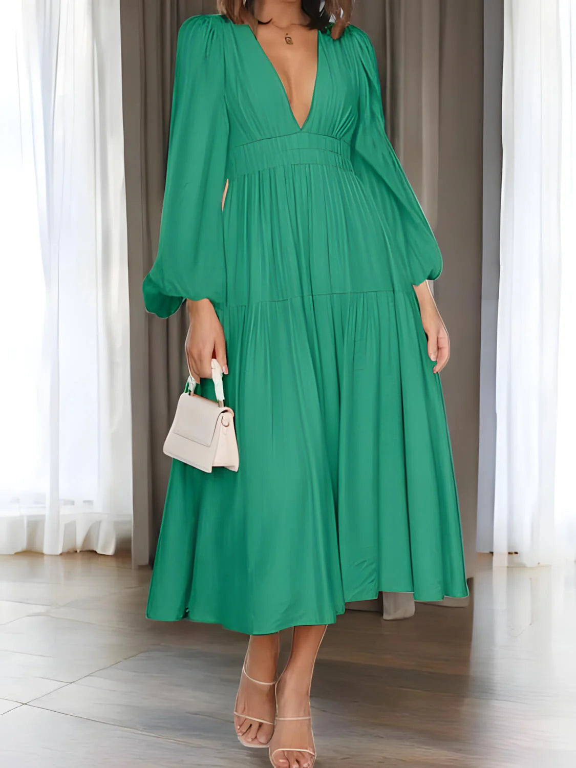 Luxe Balloon Sleeve Deep V-Neck Maxi Dress – Elegance Meets Modern Style