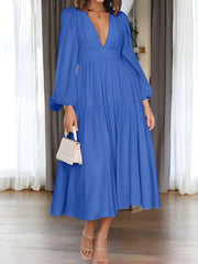 Luxe Balloon Sleeve Deep V-Neck Maxi Dress – Elegance Meets Modern Style