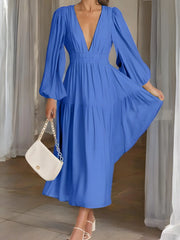 Luxe Balloon Sleeve Deep V-Neck Maxi Dress – Elegance Meets Modern Style