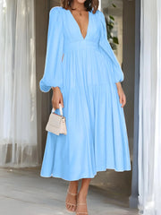 Luxe Balloon Sleeve Deep V-Neck Maxi Dress – Elegance Meets Modern Style