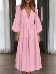 Luxe Balloon Sleeve Deep V-Neck Maxi Dress – Elegance Meets Modern Style