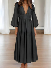 Luxe Balloon Sleeve Deep V-Neck Maxi Dress – Elegance Meets Modern Style