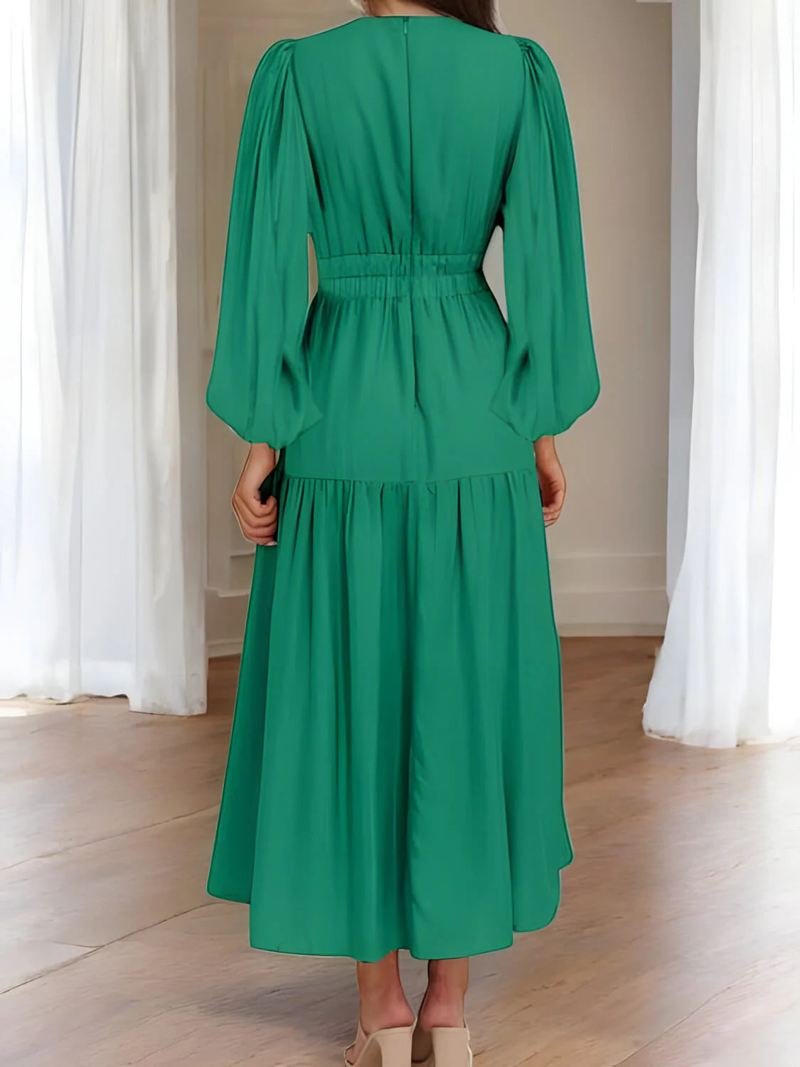 Luxe Balloon Sleeve Deep V-Neck Maxi Dress – Elegance Meets Modern Style