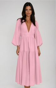 Luxe Balloon Sleeve Deep V-Neck Maxi Dress – Elegance Meets Modern Style