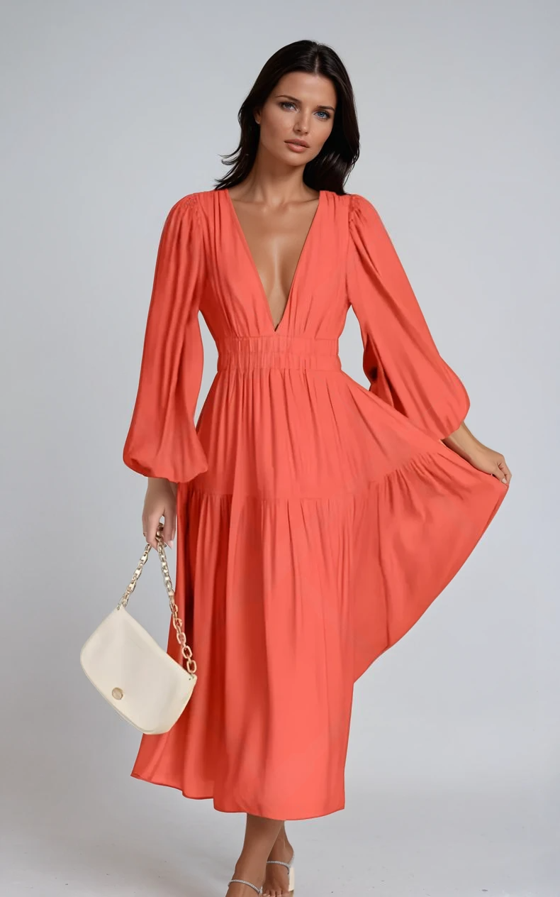 Luxe Balloon Sleeve Deep V-Neck Maxi Dress – Elegance Meets Modern Style
