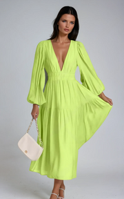 Luxe Balloon Sleeve Deep V-Neck Maxi Dress – Elegance Meets Modern Style